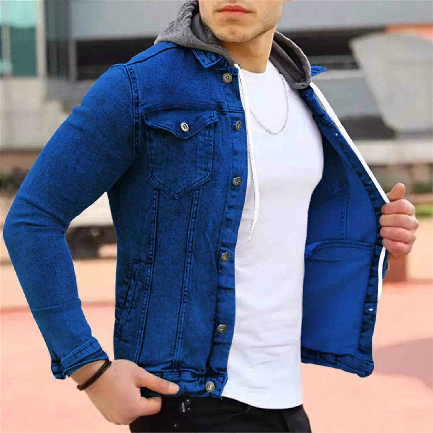 JEShifangjiusu Men'S Denim Hoodie Military Jacket Casual Slim Fit Button Down Jeans Coat Fashion Winter Denim Trucker Jacket