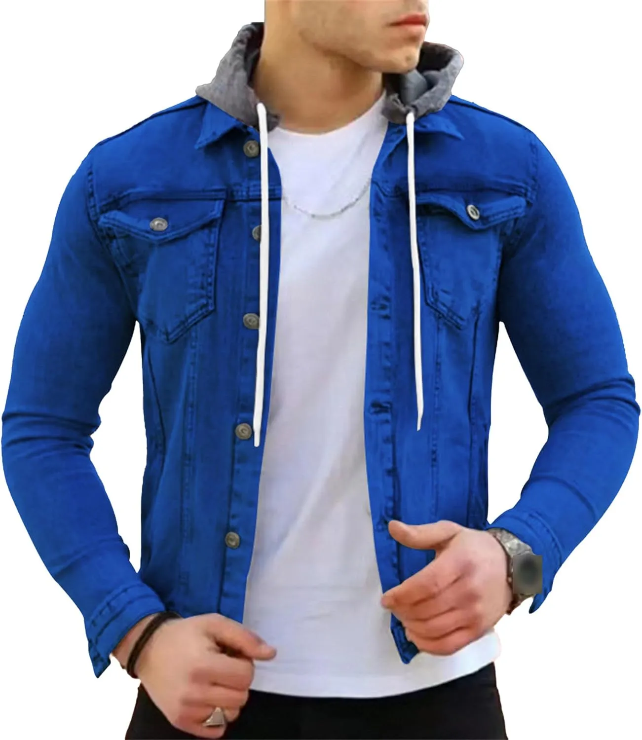 JEShifangjiusu Men'S Denim Hoodie Military Jacket Casual Slim Fit Button Down Jeans Coat Fashion Winter Denim Trucker Jacket
