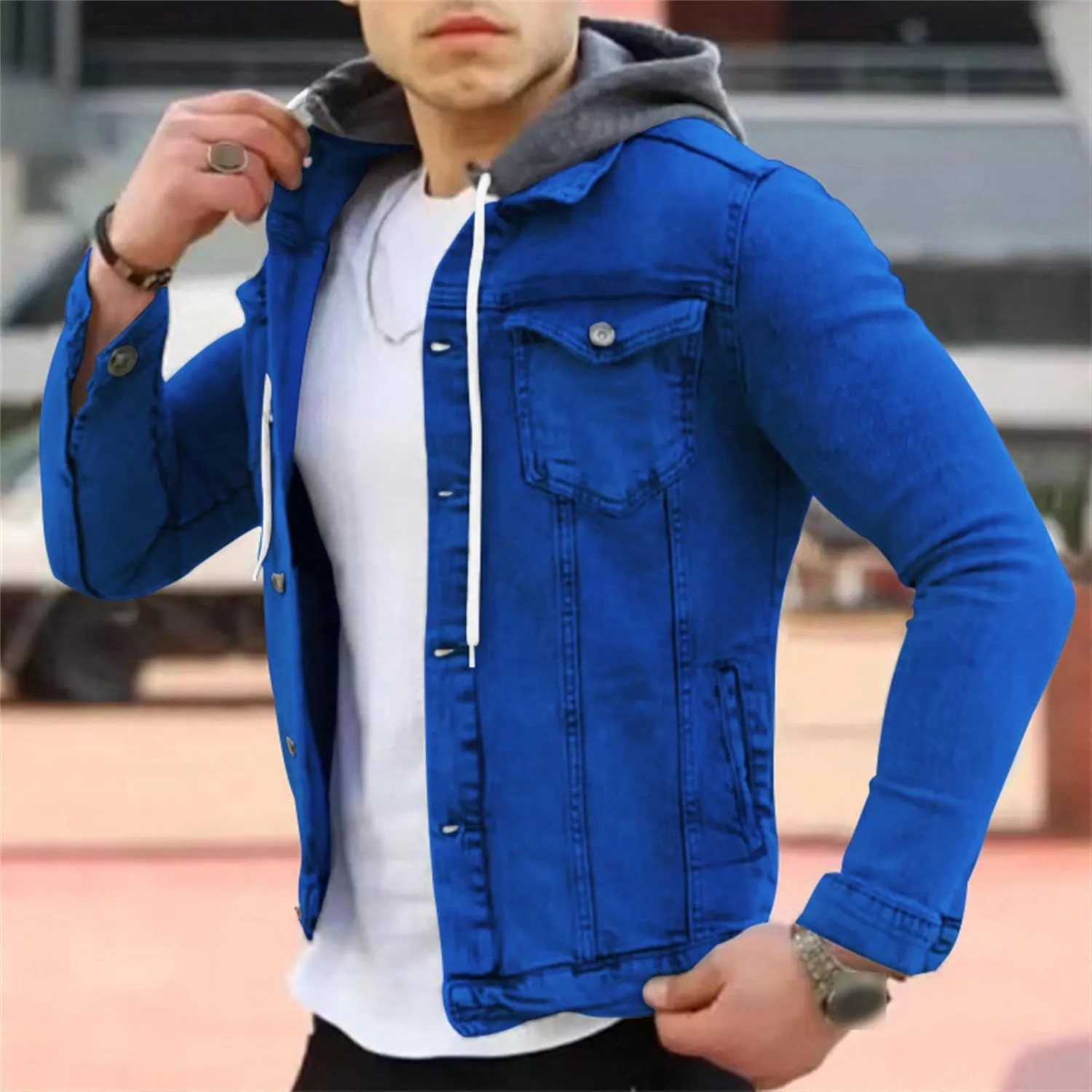 JEShifangjiusu Men'S Denim Hoodie Military Jacket Casual Slim Fit Button Down Jeans Coat Fashion Winter Denim Trucker Jacket