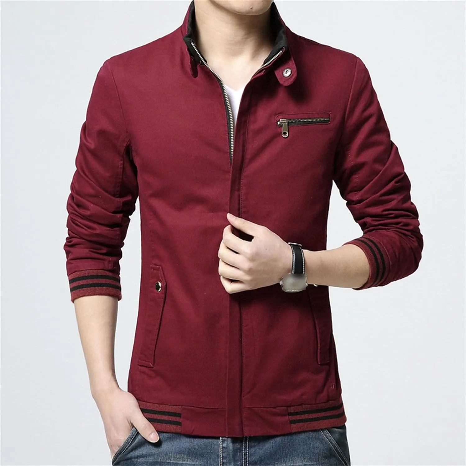 JEsilunmaMY Men's Slim Cargo Cotton Jacket Stand Collar Zipper Lightweight Jackets Casual Sportwear Rib Bomber Jackets