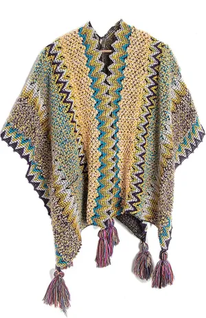 JOAU Women's Chunky Cable Knit Vintage Ethnic Tassel Striped Poncho Shawl Open Front Cardigan Sweater Fringe Cape Wrap