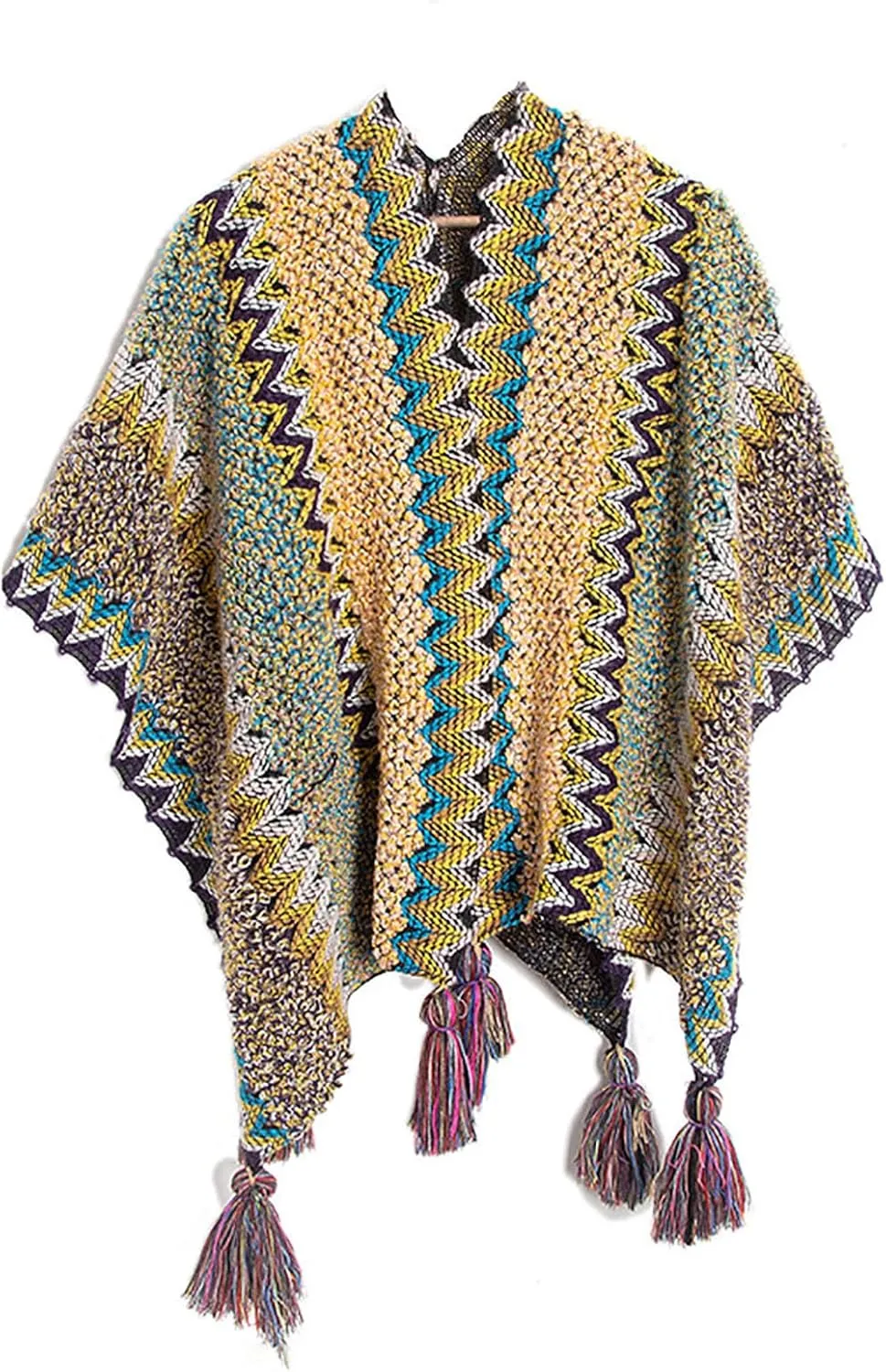 JOAU Women's Chunky Cable Knit Vintage Ethnic Tassel Striped Poncho Shawl Open Front Cardigan Sweater Fringe Cape Wrap
