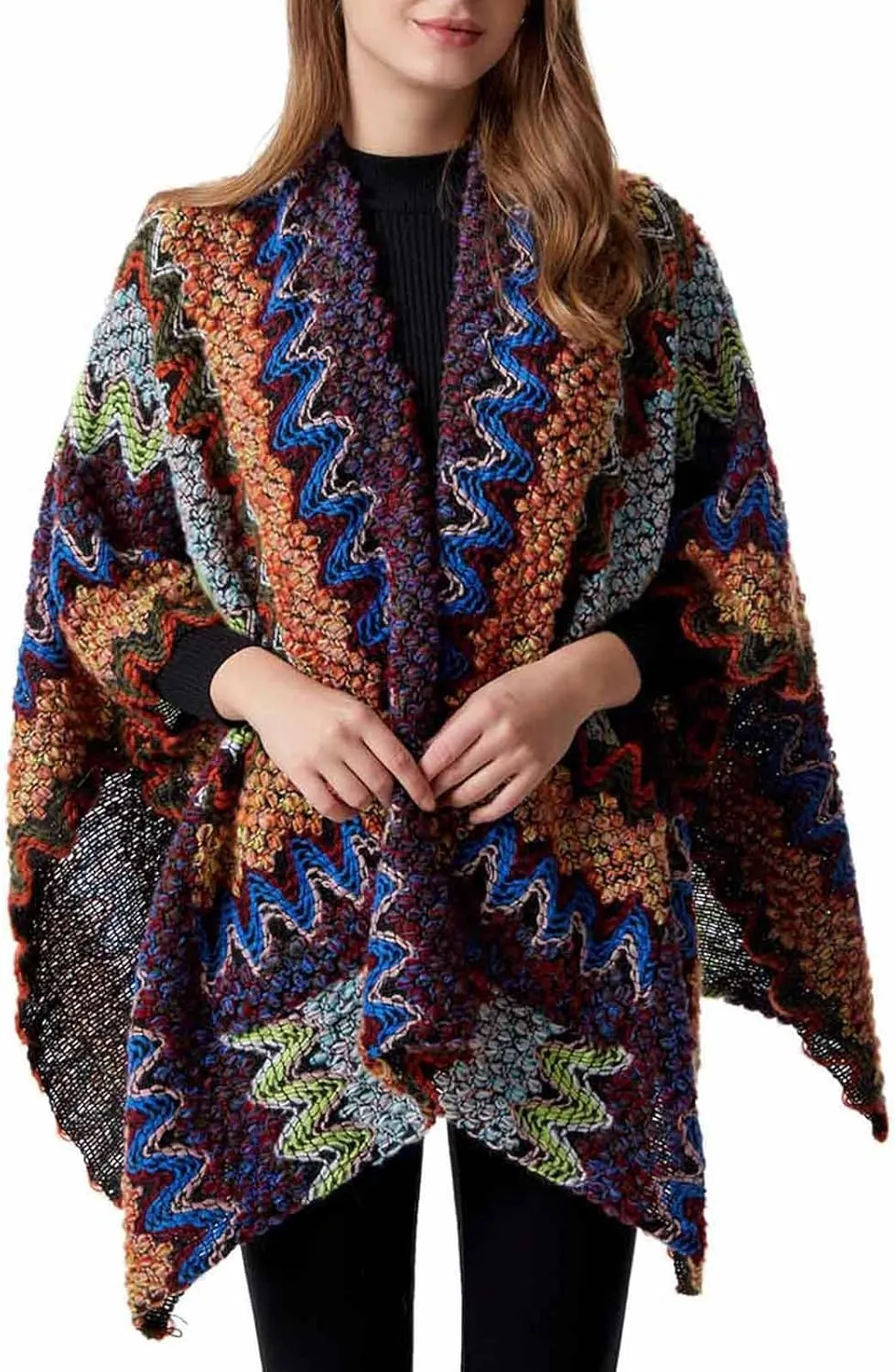 JOAU Women's Fashion Boho Colorful Chunky Knitted Shawl Cardigan Sweater Open Front Winter Warm Pockets Wraps Poncho Cape