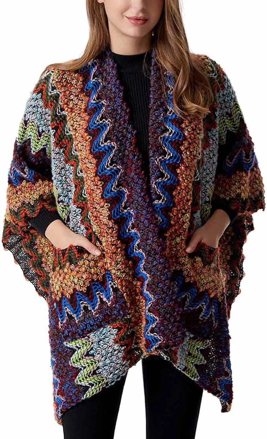 JOAU Women's Fashion Boho Colorful Chunky Knitted Shawl Cardigan Sweater Open Front Winter Warm Pockets Wraps Poncho Cape
