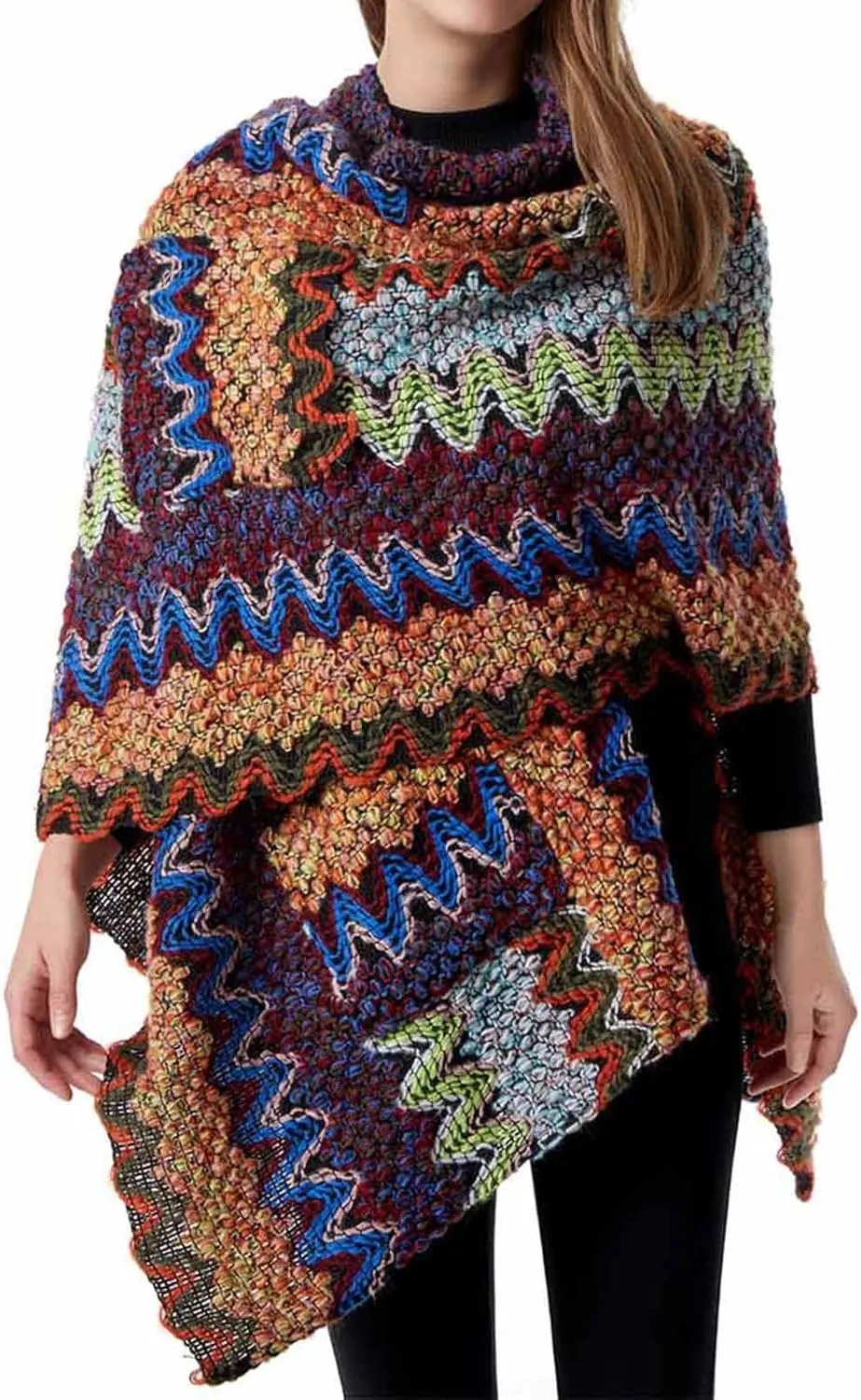 JOAU Women's Fashion Boho Colorful Chunky Knitted Shawl Cardigan Sweater Open Front Winter Warm Pockets Wraps Poncho Cape