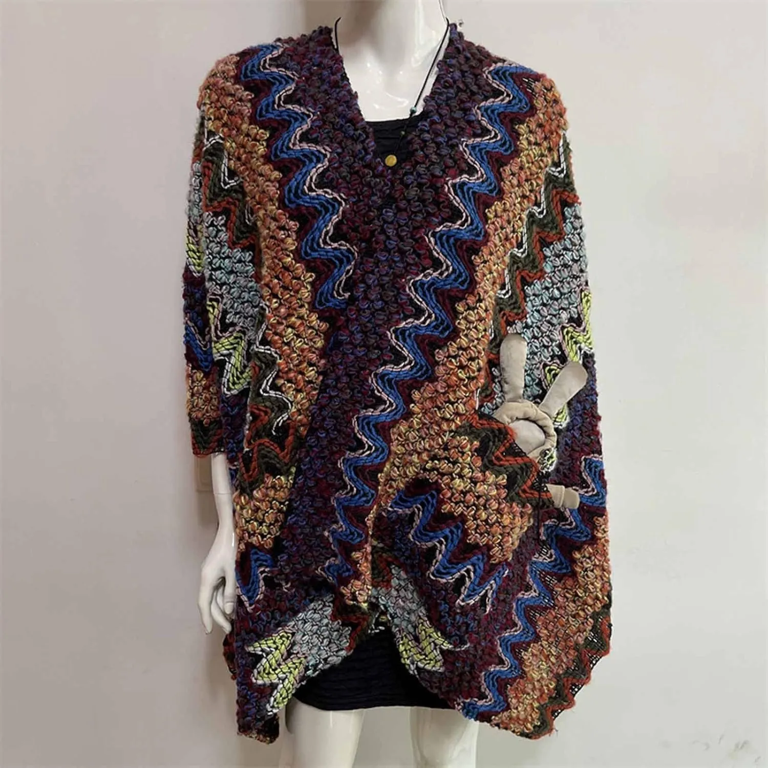 JOAU Women's Fashion Boho Colorful Chunky Knitted Shawl Cardigan Sweater Open Front Winter Warm Pockets Wraps Poncho Cape