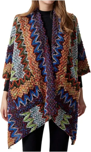JOAU Women's Fashion Boho Colorful Chunky Knitted Shawl Cardigan Sweater Open Front Winter Warm Pockets Wraps Poncho Cape