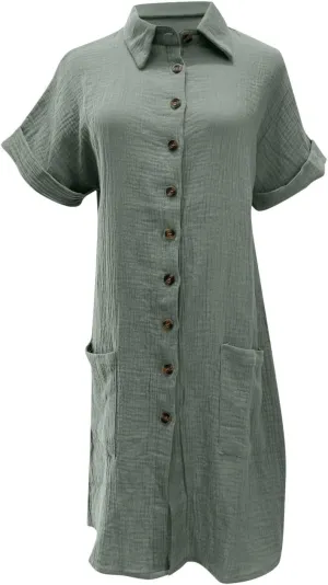 jsaierl Shirt Dresses for Women Casual Loose Fit Button Down Shirts Dress Summer Short Sleeve V Neck Shift Dress with Pockets