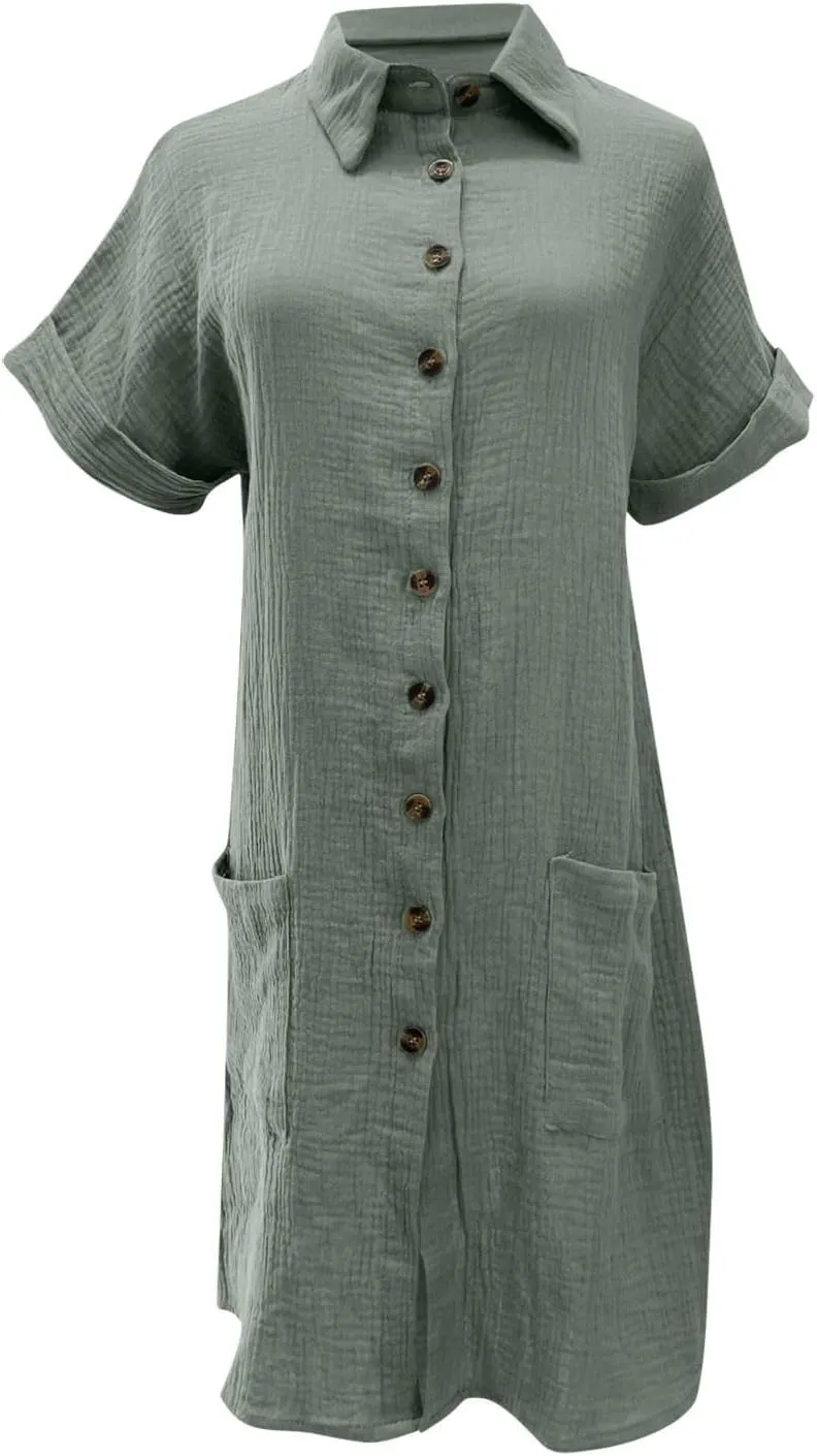jsaierl Shirt Dresses for Women Casual Loose Fit Button Down Shirts Dress Summer Short Sleeve V Neck Shift Dress with Pockets