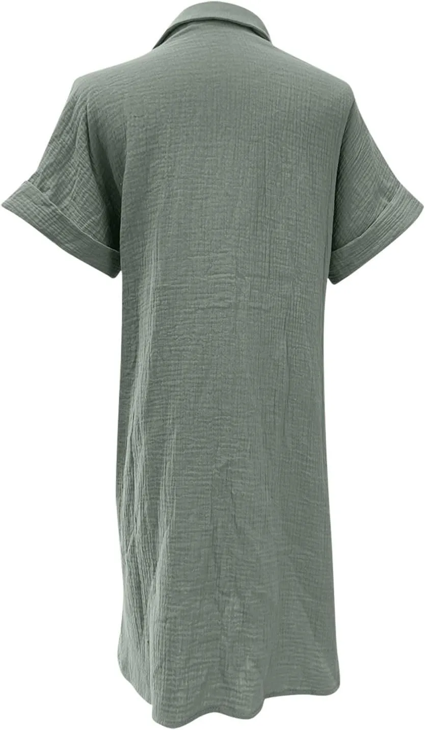 jsaierl Shirt Dresses for Women Casual Loose Fit Button Down Shirts Dress Summer Short Sleeve V Neck Shift Dress with Pockets