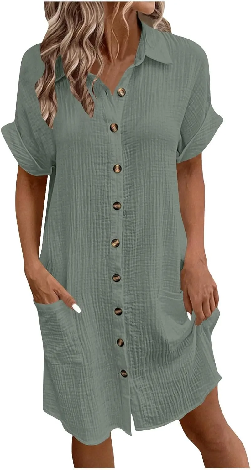 jsaierl Shirt Dresses for Women Casual Loose Fit Button Down Shirts Dress Summer Short Sleeve V Neck Shift Dress with Pockets
