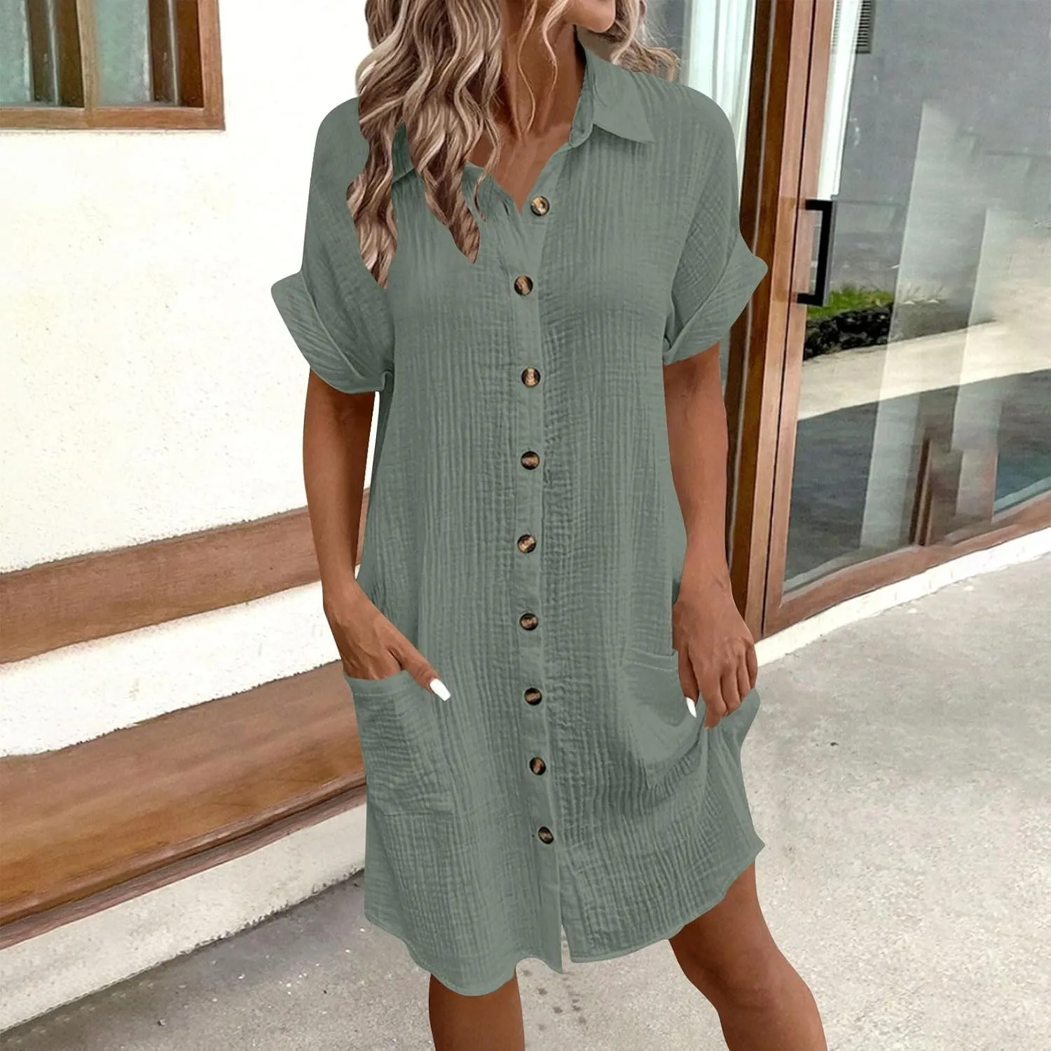 jsaierl Shirt Dresses for Women Casual Loose Fit Button Down Shirts Dress Summer Short Sleeve V Neck Shift Dress with Pockets