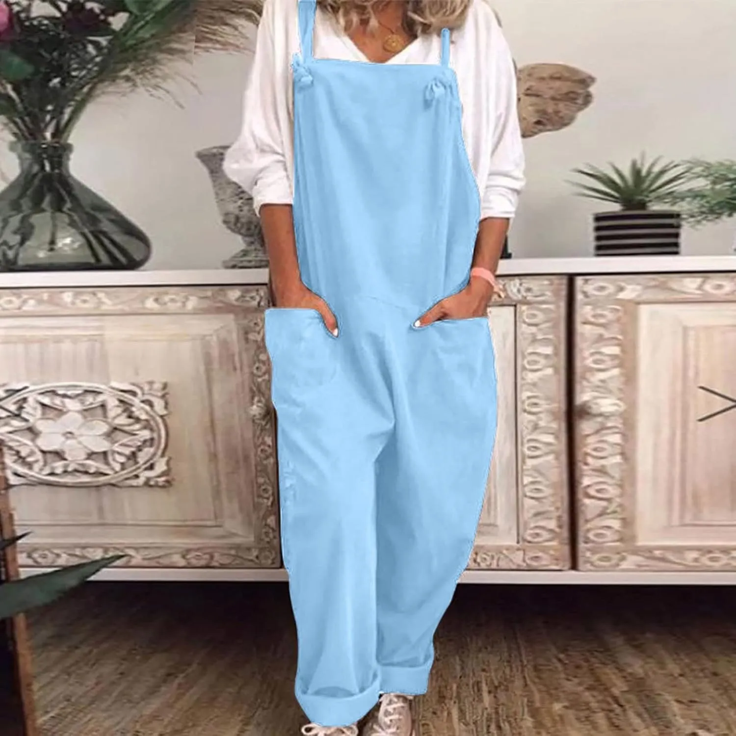 Jumpsuits for Women Summer Wide Leg Bib Pants Casual Loose Overalls Cotton Linen Pants Plus Size Rompers with Pockets