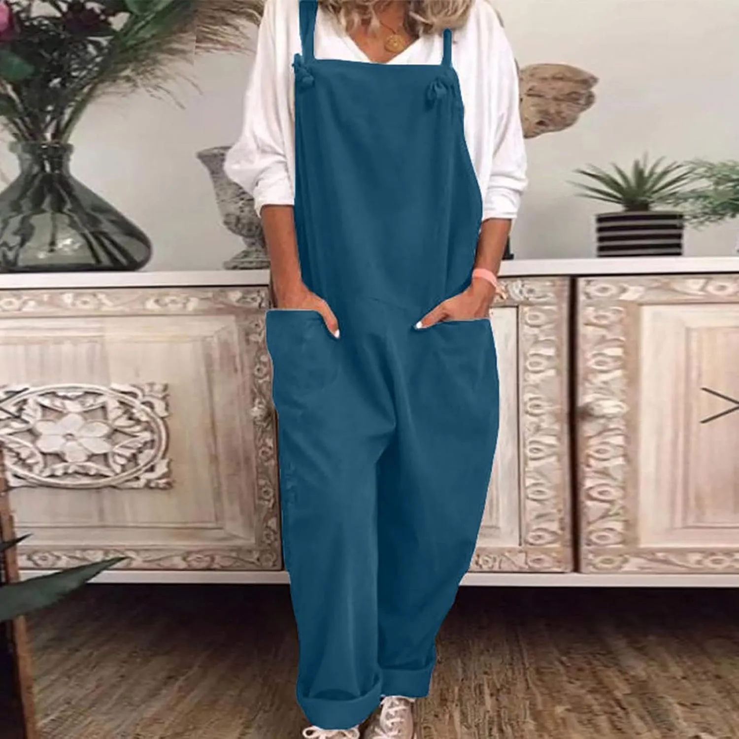 Jumpsuits for Women Summer Wide Leg Bib Pants Casual Loose Overalls Cotton Linen Pants Plus Size Rompers with Pockets