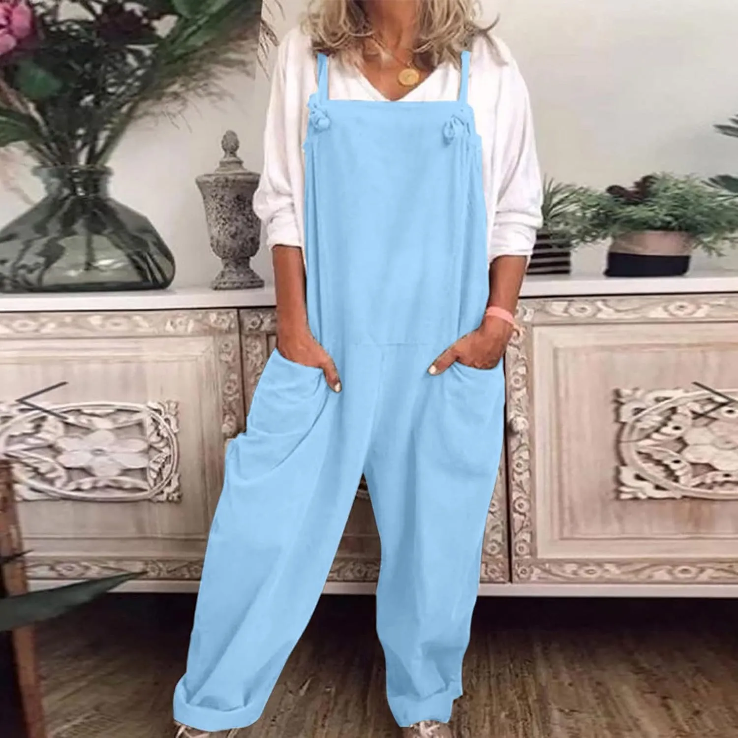 Jumpsuits for Women Summer Wide Leg Bib Pants Casual Loose Overalls Cotton Linen Pants Plus Size Rompers with Pockets