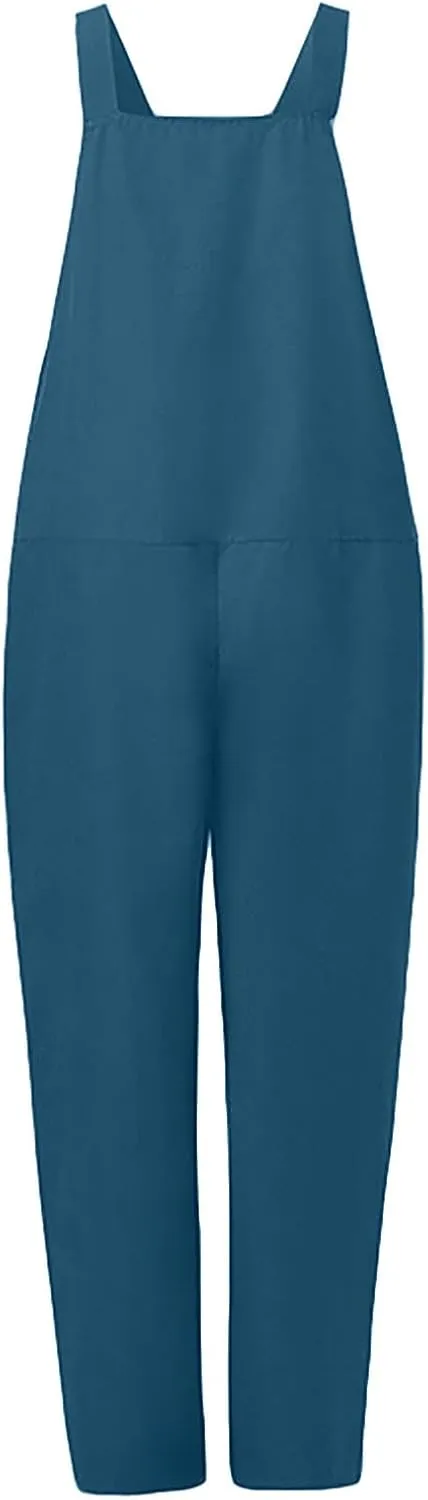 Jumpsuits for Women Summer Wide Leg Bib Pants Casual Loose Overalls Cotton Linen Pants Plus Size Rompers with Pockets