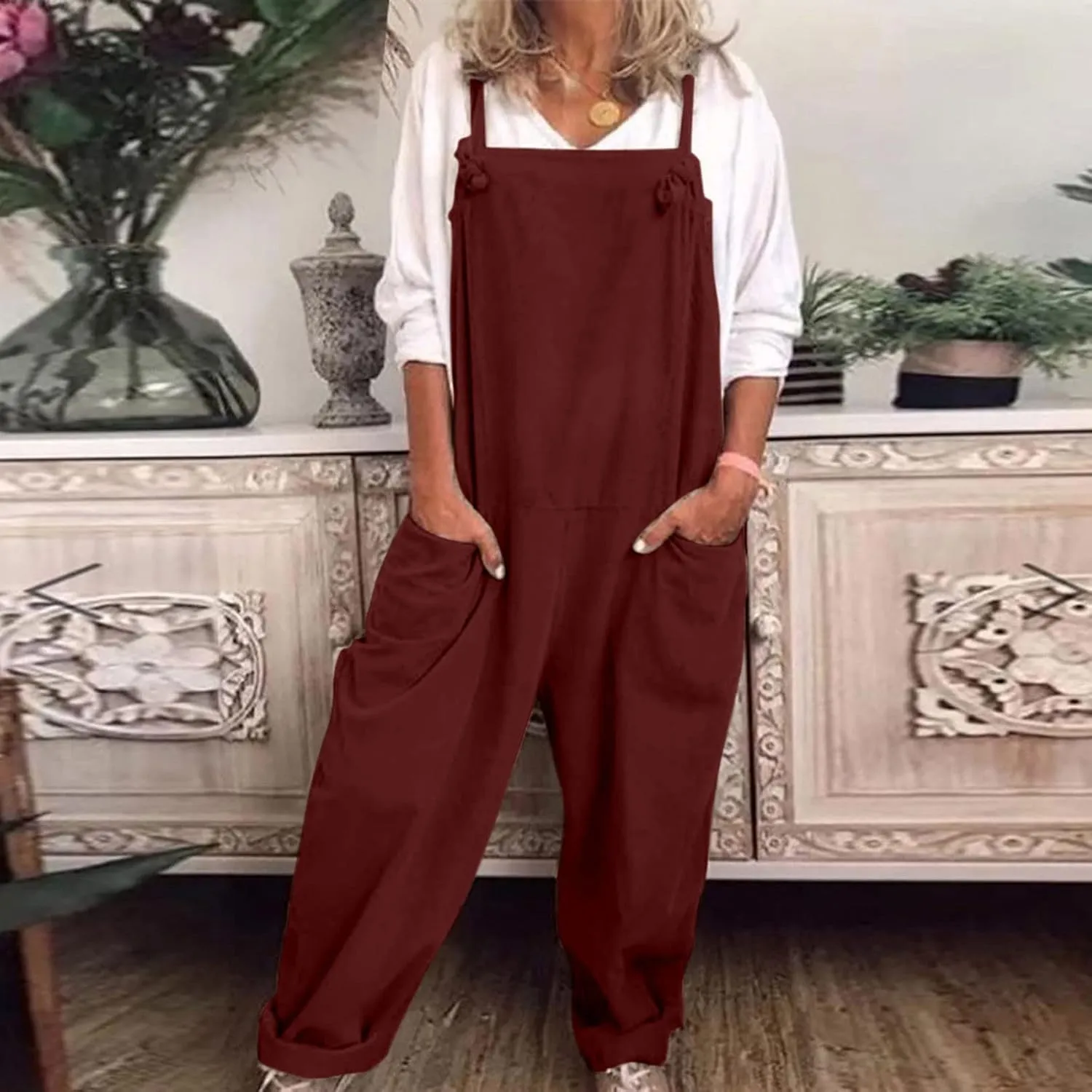 Jumpsuits for Women Summer Wide Leg Bib Pants Casual Loose Overalls Cotton Linen Pants Plus Size Rompers with Pockets