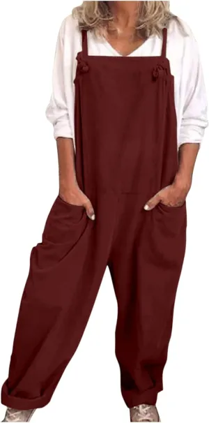 Jumpsuits for Women Summer Wide Leg Bib Pants Casual Loose Overalls Cotton Linen Pants Plus Size Rompers with Pockets