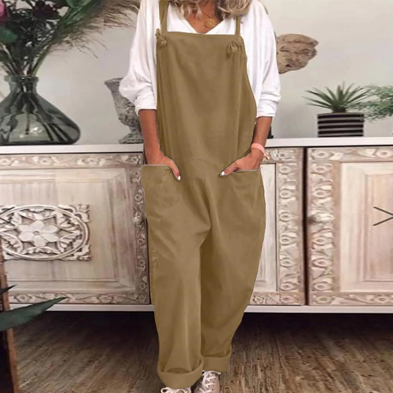 Jumpsuits for Women Summer Wide Leg Bib Pants Casual Loose Overalls Cotton Linen Pants Plus Size Rompers with Pockets