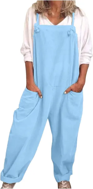 Jumpsuits for Women Summer Wide Leg Bib Pants Casual Loose Overalls Cotton Linen Pants Plus Size Rompers with Pockets