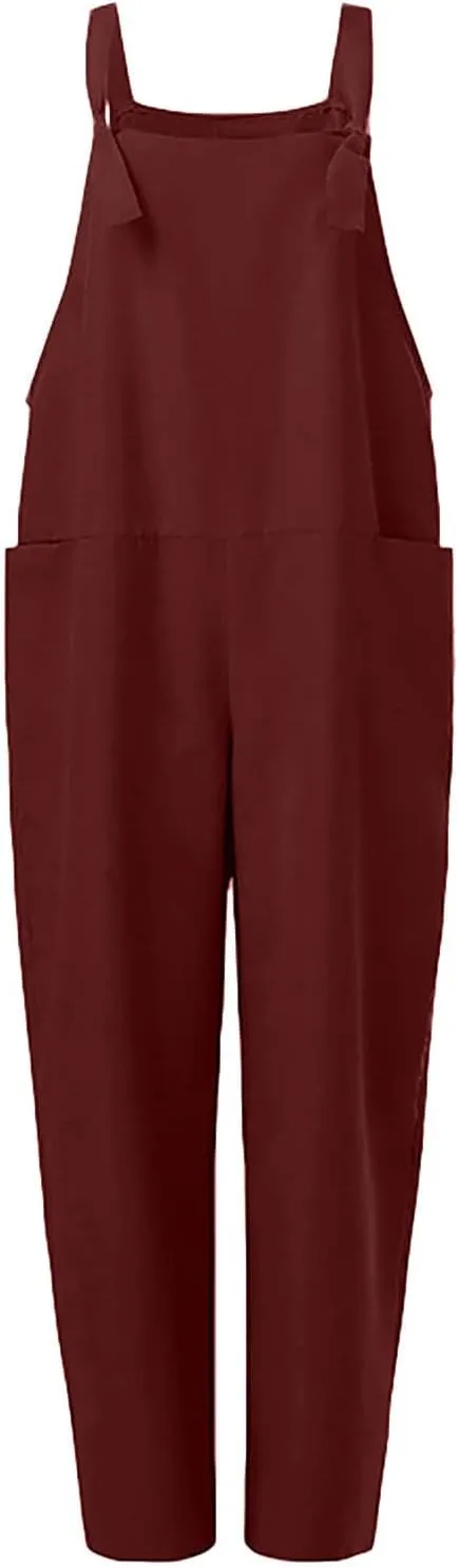 Jumpsuits for Women Summer Wide Leg Bib Pants Casual Loose Overalls Cotton Linen Pants Plus Size Rompers with Pockets