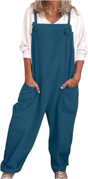 Jumpsuits for Women Summer Wide Leg Bib Pants Casual Loose Overalls Cotton Linen Pants Plus Size Rompers with Pockets