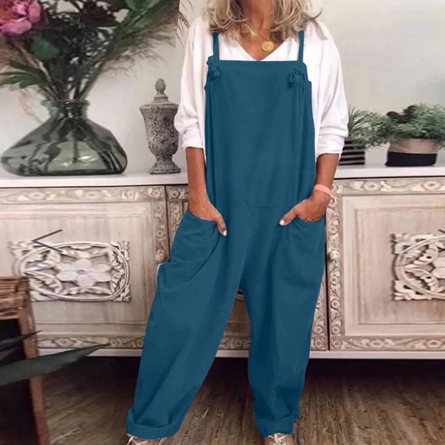 Jumpsuits for Women Summer Wide Leg Bib Pants Casual Loose Overalls Cotton Linen Pants Plus Size Rompers with Pockets