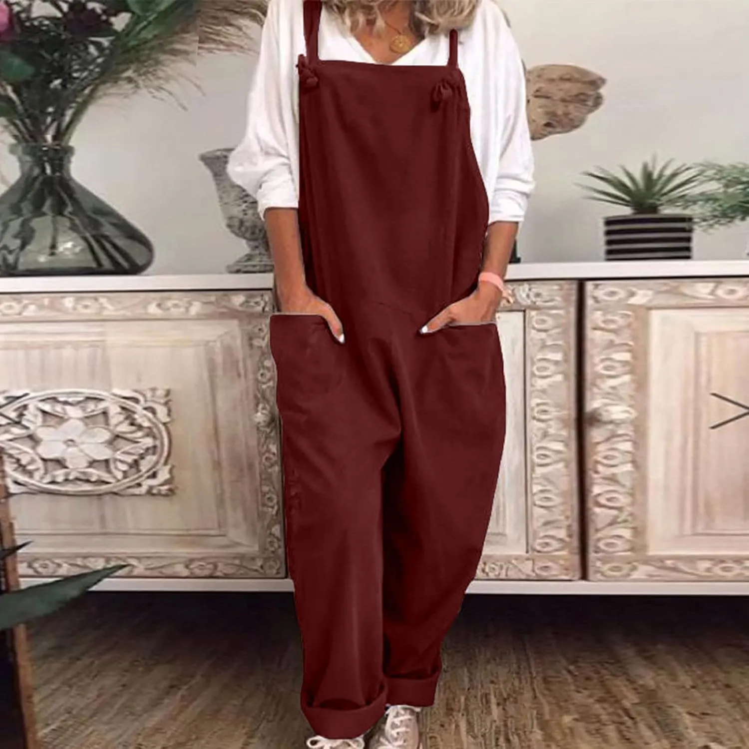Jumpsuits for Women Summer Wide Leg Bib Pants Casual Loose Overalls Cotton Linen Pants Plus Size Rompers with Pockets