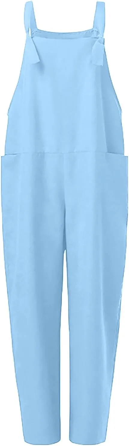 Jumpsuits for Women Summer Wide Leg Bib Pants Casual Loose Overalls Cotton Linen Pants Plus Size Rompers with Pockets
