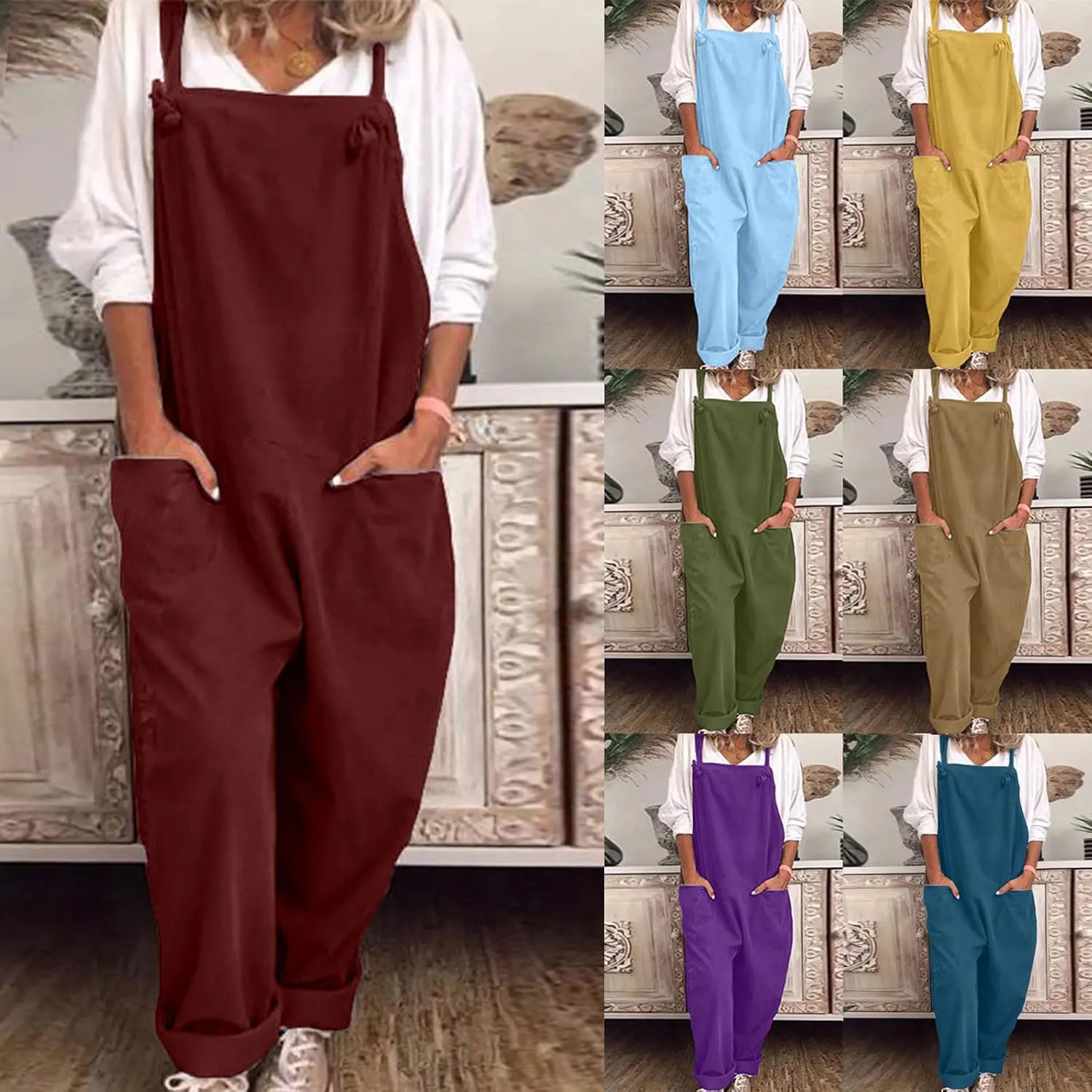 Jumpsuits for Women Summer Wide Leg Bib Pants Casual Loose Overalls Cotton Linen Pants Plus Size Rompers with Pockets