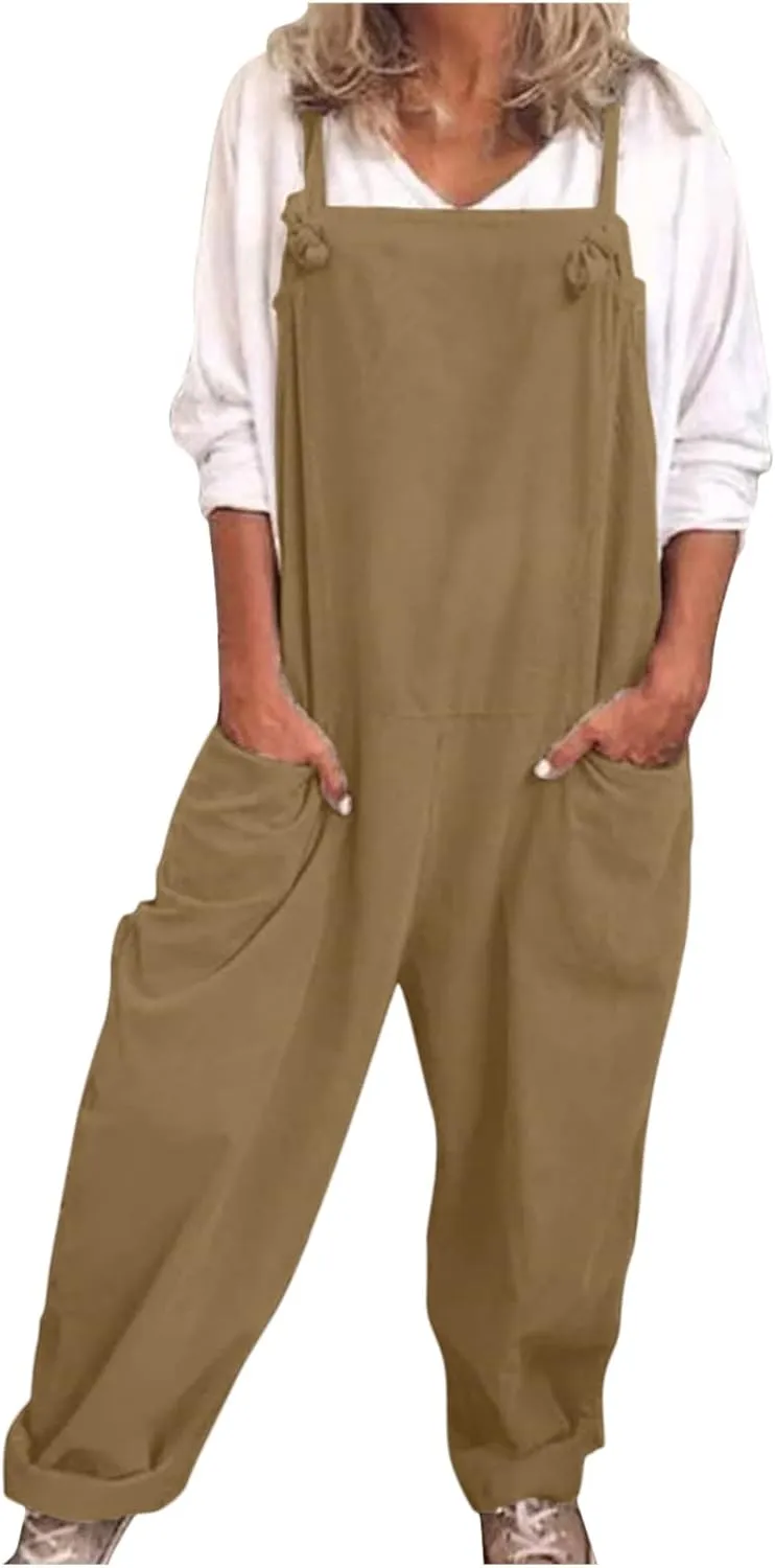 Jumpsuits for Women Summer Wide Leg Bib Pants Casual Loose Overalls Cotton Linen Pants Plus Size Rompers with Pockets