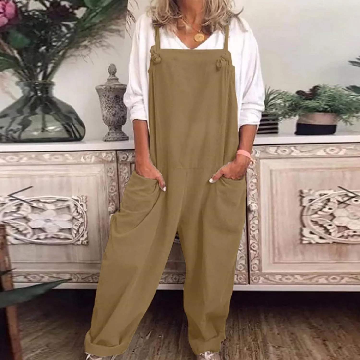 Jumpsuits for Women Summer Wide Leg Bib Pants Casual Loose Overalls Cotton Linen Pants Plus Size Rompers with Pockets