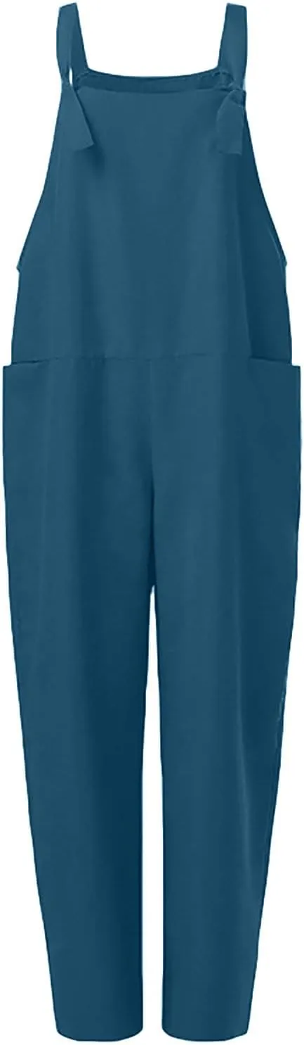 Jumpsuits for Women Summer Wide Leg Bib Pants Casual Loose Overalls Cotton Linen Pants Plus Size Rompers with Pockets