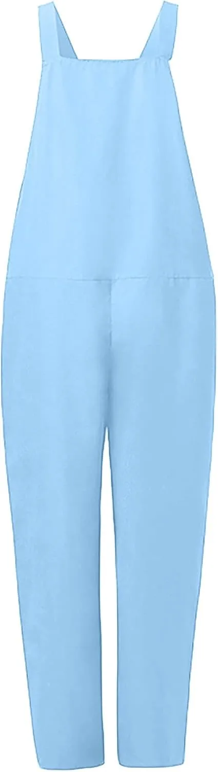 Jumpsuits for Women Summer Wide Leg Bib Pants Casual Loose Overalls Cotton Linen Pants Plus Size Rompers with Pockets