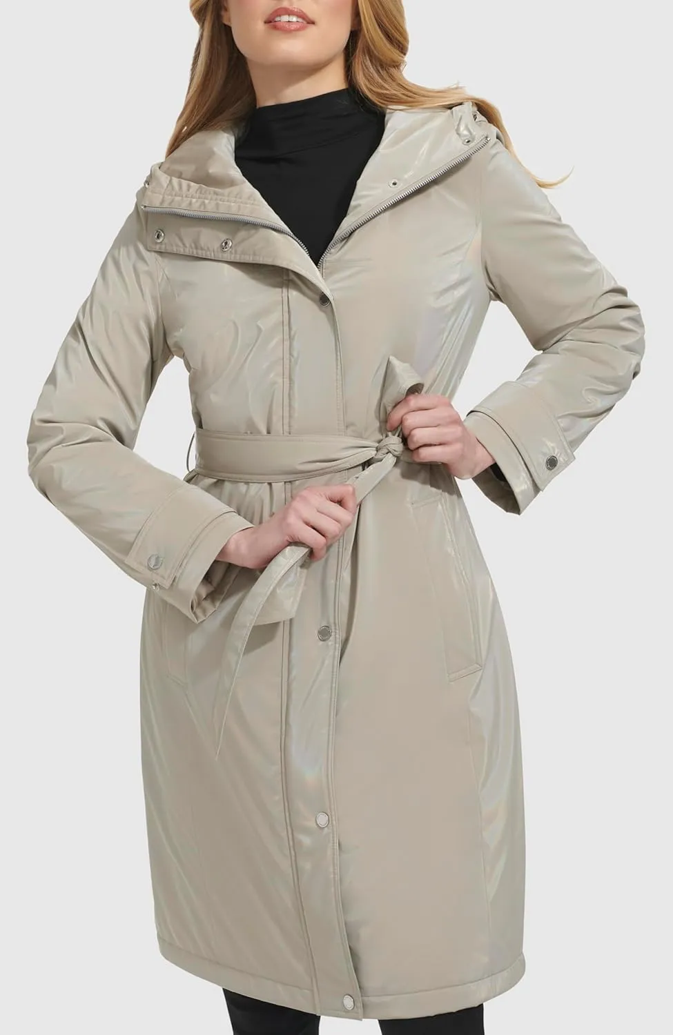 Kenneth Cole Women's Belted Sleeker Midweight Coat with Attached Hood