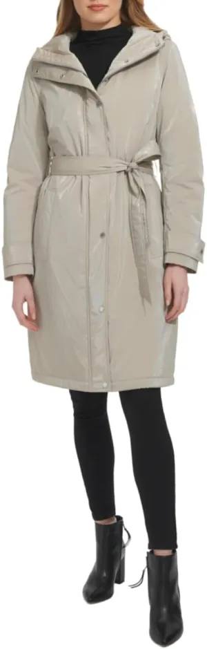 Kenneth Cole Women's Belted Sleeker Midweight Coat with Attached Hood