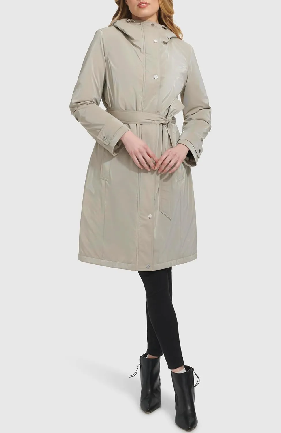 Kenneth Cole Women's Belted Sleeker Midweight Coat with Attached Hood