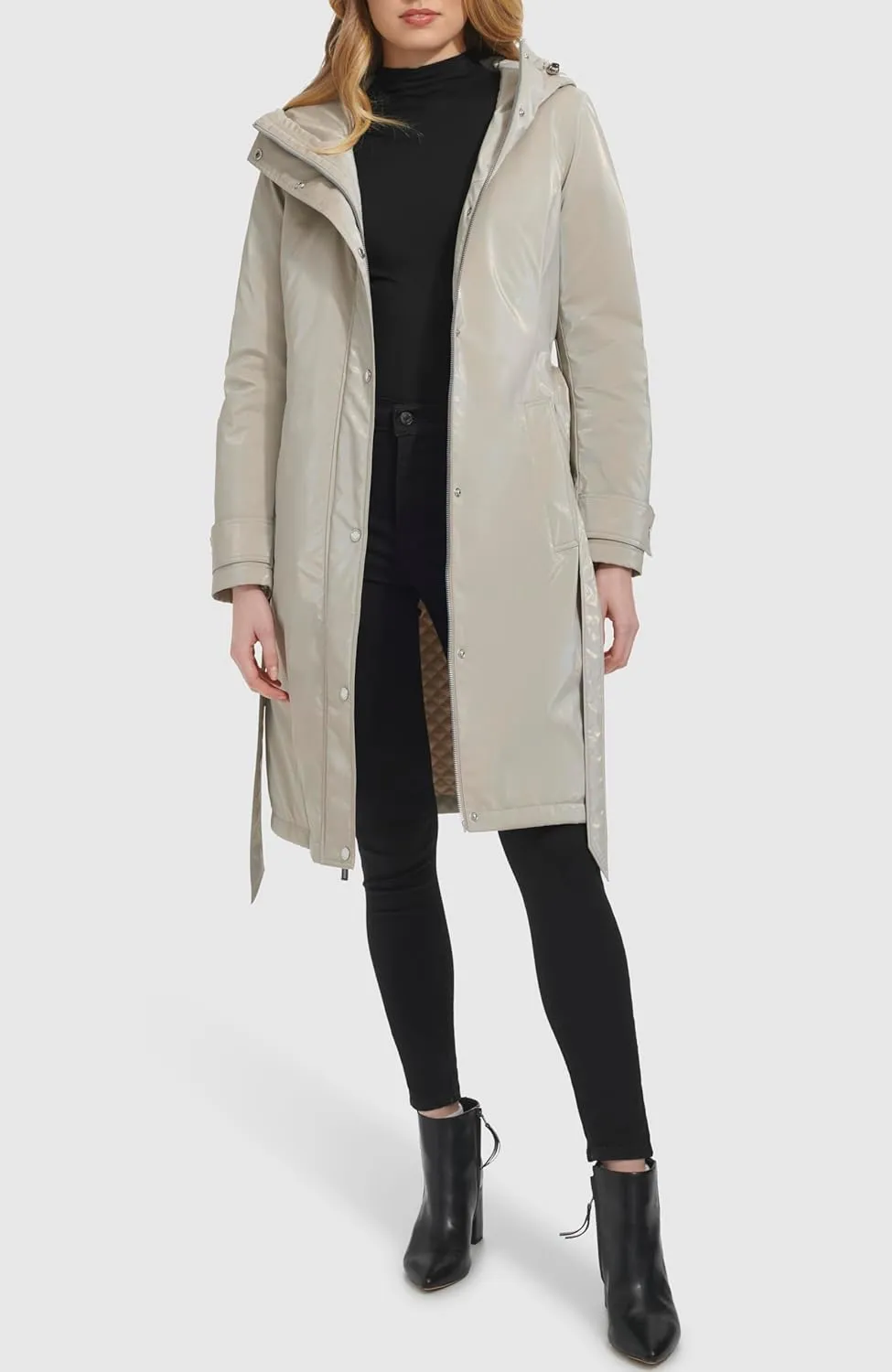 Kenneth Cole Women's Belted Sleeker Midweight Coat with Attached Hood