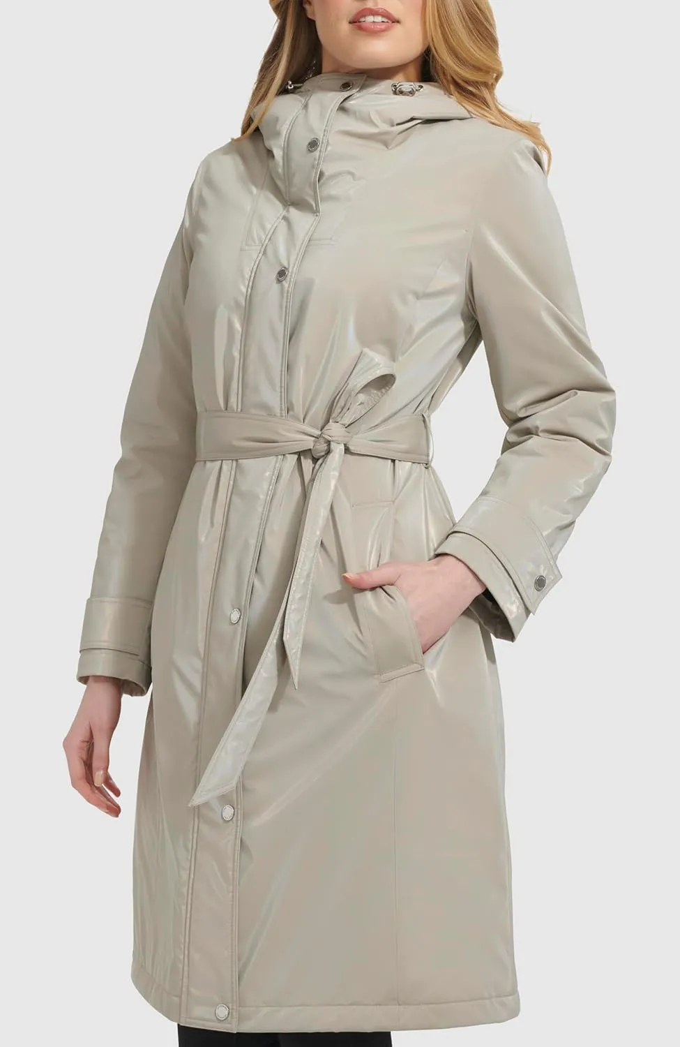 Kenneth Cole Women's Belted Sleeker Midweight Coat with Attached Hood