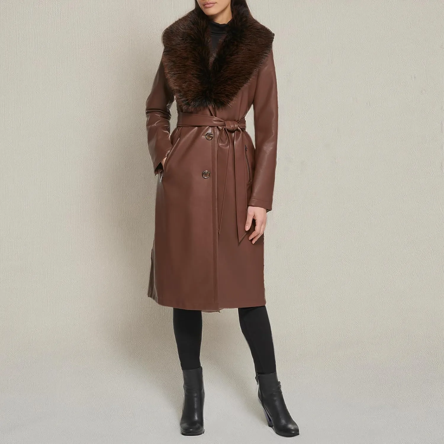 Kenneth Cole Women's Leather & Faux Fur Belted Trench Coat