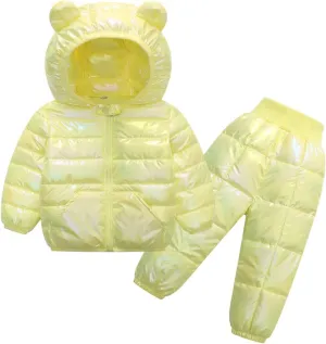Kids Two Piece Winter Suit Baby Toddler Boy Girl Down Puffer Jackets Bear Hoods Down Coat and Pants Warm (B, 6-7 Years)