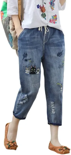 Kinghua Women's High Waisted Floral Embroidered Capri Jeans Casual Elastic Waisted Cropped Harem Pants