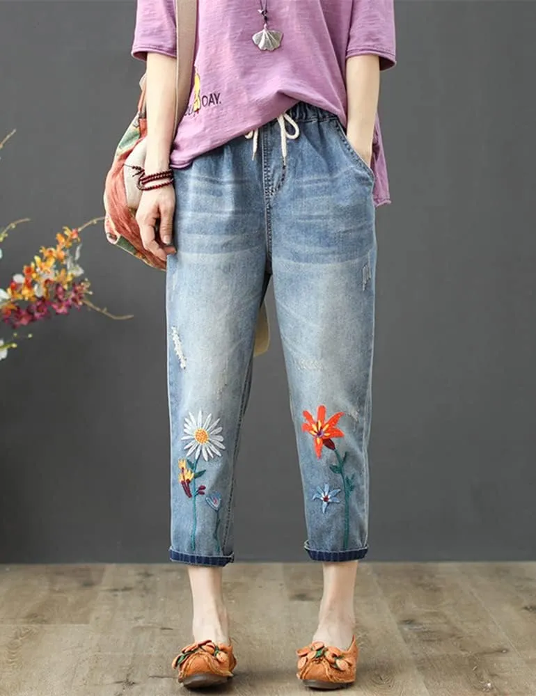 Kinghua Women's High Waisted Floral Embroidered Capri Jeans Casual Elastic Waisted Cropped Harem Pants