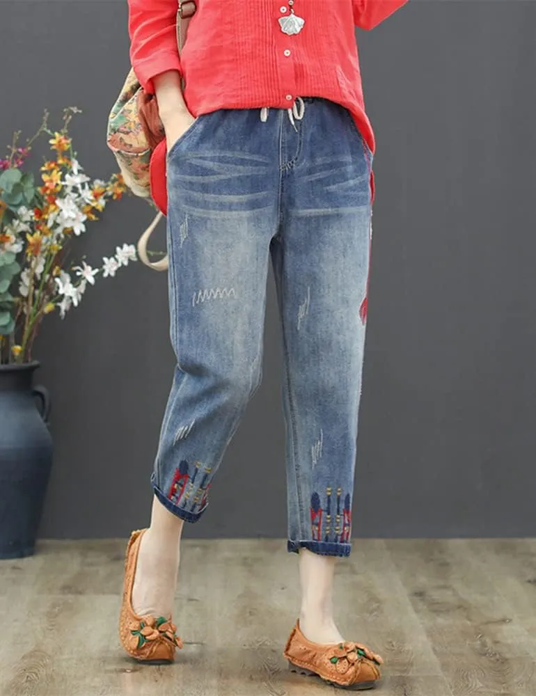 Kinghua Women's High Waisted Floral Embroidered Capri Jeans Casual Elastic Waisted Cropped Harem Pants