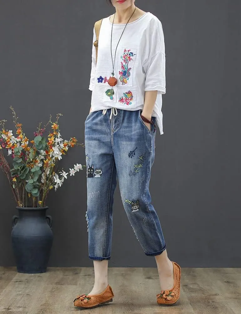 Kinghua Women's High Waisted Floral Embroidered Capri Jeans Casual Elastic Waisted Cropped Harem Pants