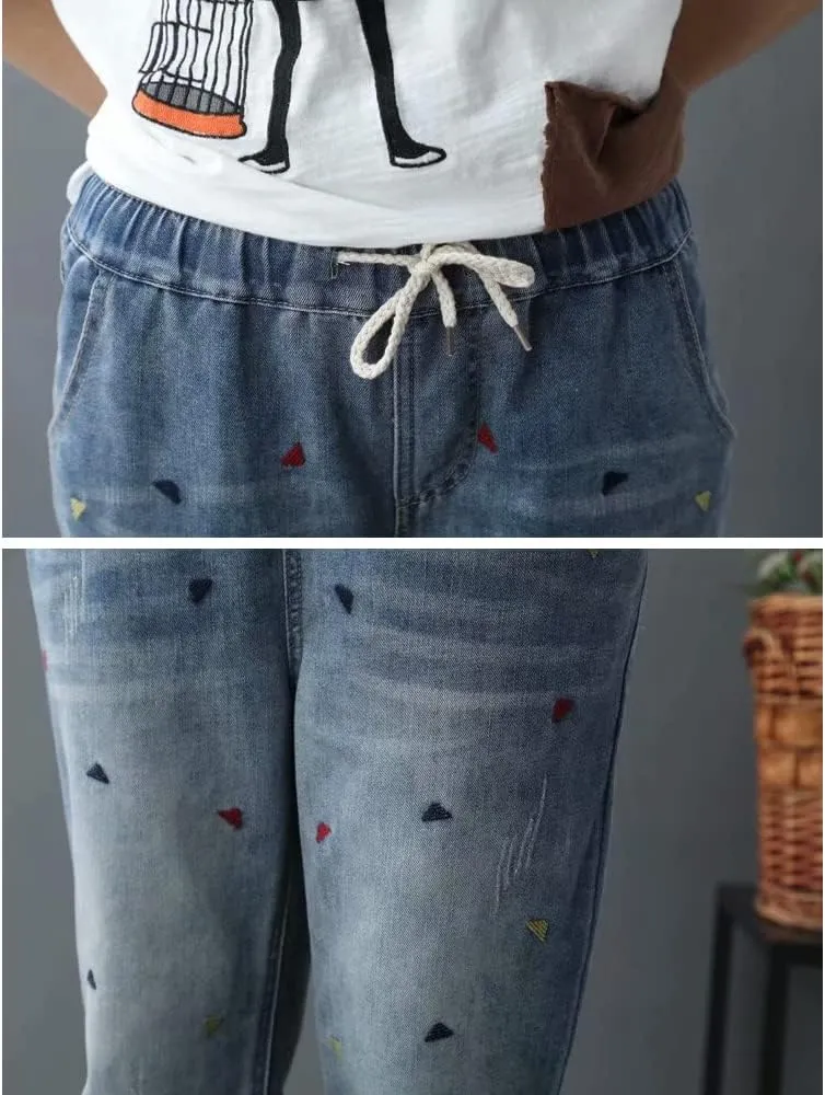Kinghua Women's High Waisted Floral Embroidered Capri Jeans Casual Elastic Waisted Cropped Harem Pants