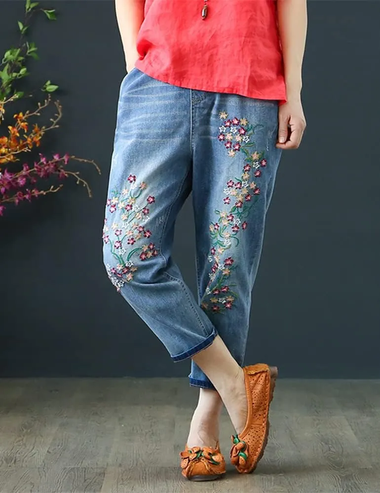 Kinghua Women's High Waisted Floral Embroidered Capri Jeans Casual Elastic Waisted Cropped Harem Pants
