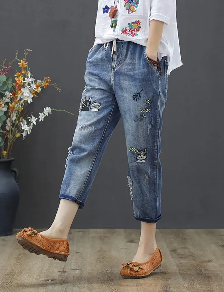Kinghua Women's High Waisted Floral Embroidered Capri Jeans Casual Elastic Waisted Cropped Harem Pants