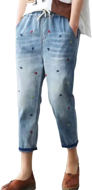 Kinghua Women's High Waisted Floral Embroidered Capri Jeans Casual Elastic Waisted Cropped Harem Pants