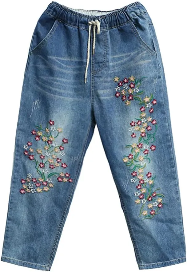 Kinghua Women's High Waisted Floral Embroidered Capri Jeans Casual Elastic Waisted Cropped Harem Pants